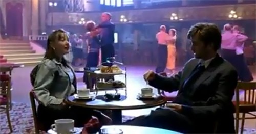 Lisa Millet, as Hailey, and David Tennant as detective Peter Carlisle, having tea and questions in the Blackpool Ballrom